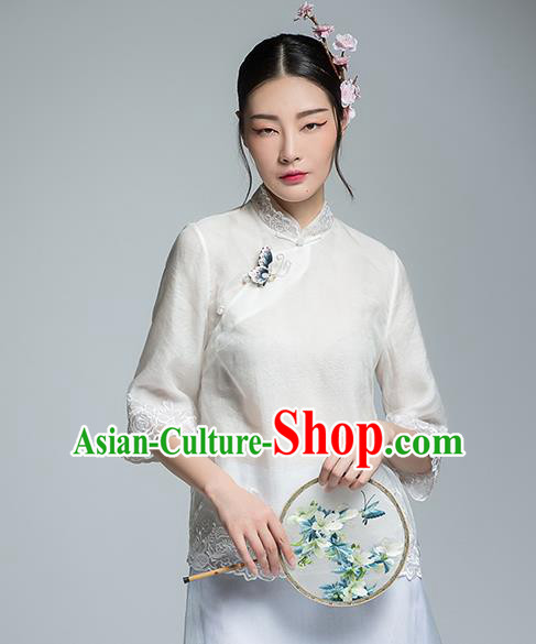 Chinese Traditional Tang Suit Embroidered White Blouse China National Upper Outer Garment Shirt for Women