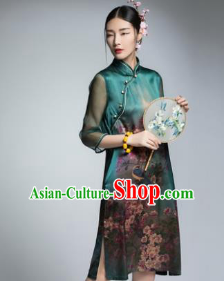 Chinese Traditional Tang Suit Printing Green Silk Cheongsam China National Qipao Dress for Women