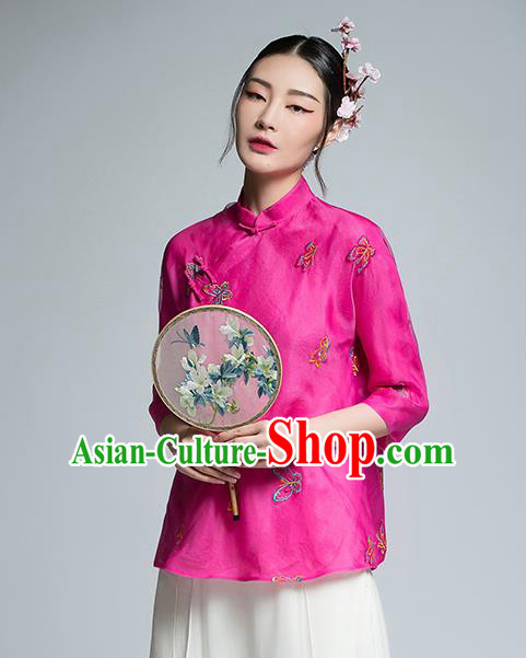 Chinese Traditional Tang Suit Embroidered Butterfly Rosy Blouse China National Upper Outer Garment Shirt for Women