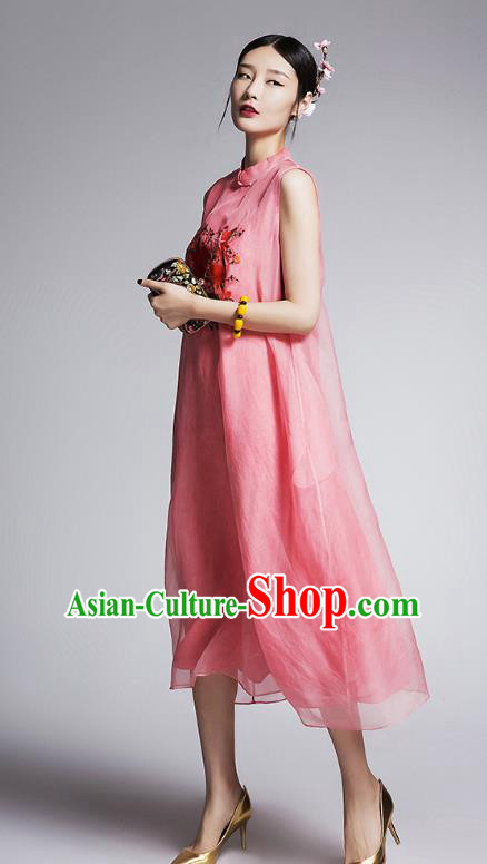 Chinese Traditional Tang Suit Embroidered Peony Cheongsam China National Pink Qipao Dress for Women