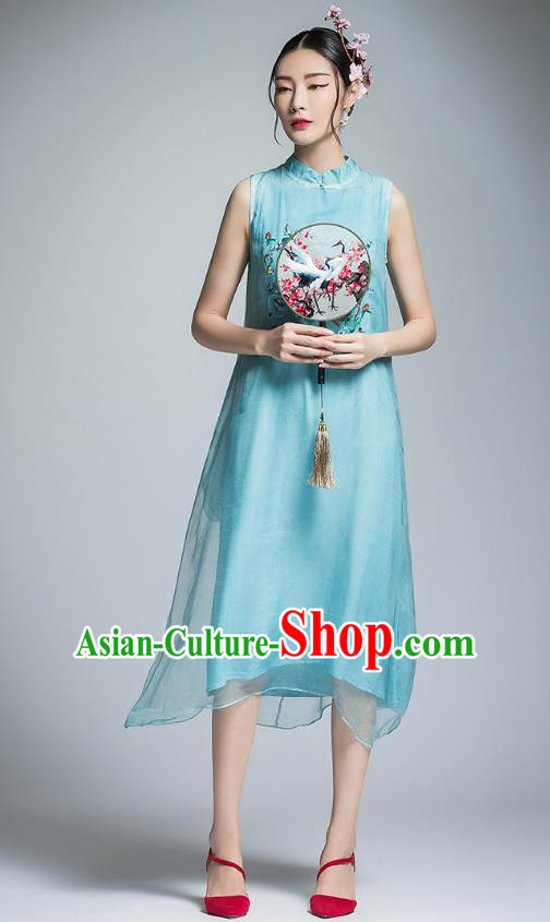 Chinese Traditional Tang Suit Embroidered Peony Cheongsam China National Blue Qipao Dress for Women