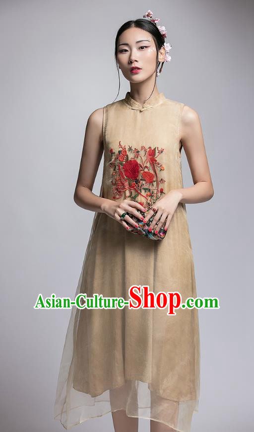 Chinese Traditional Tang Suit Embroidered Peony Cheongsam China National Khaki Qipao Dress for Women