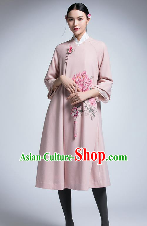 Chinese Traditional Tang Suit Pink Woolen Dust Coat China National Upper Outer Garment Coat for Women