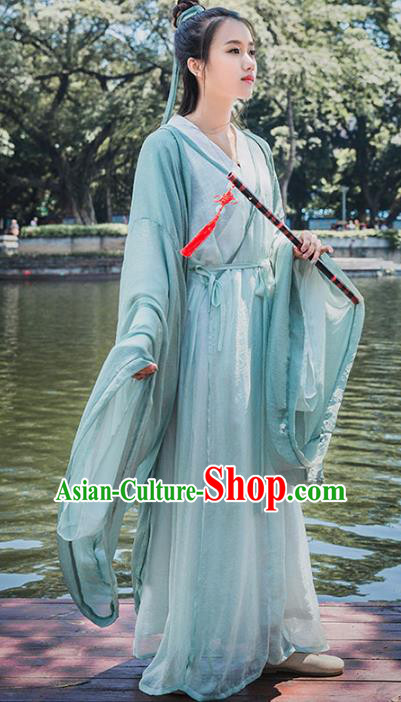 Traditional Chinese Jin Dynasty Swordsman Green Hanfu Dress Ancient Princess Costume for Women