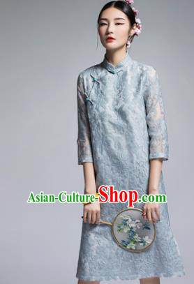 Chinese Traditional Tang Suit Blue Lace Cheongsam China National Qipao Dress for Women