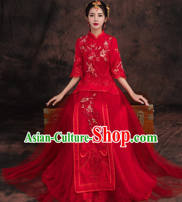 Traditional Chinese Embroidered Flowers Xiuhe Suit Ancient Wedding Red Dress Toast Cheongsam for Women