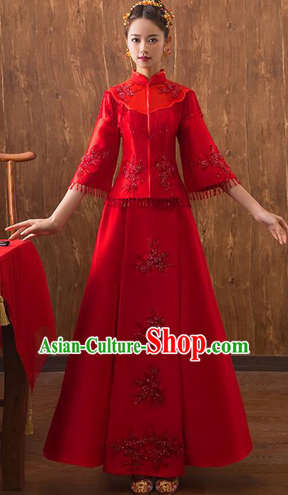 Traditional Chinese Embroidered Red Xiuhe Suit Ancient Wedding Dress Toast Cheongsam for Women