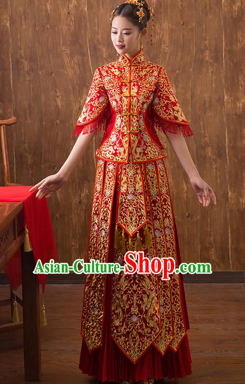 Traditional Chinese Ancient Embroidered Bottom Drawer Xiuhe Suit Wedding Dress Toast Red Cheongsam for Women