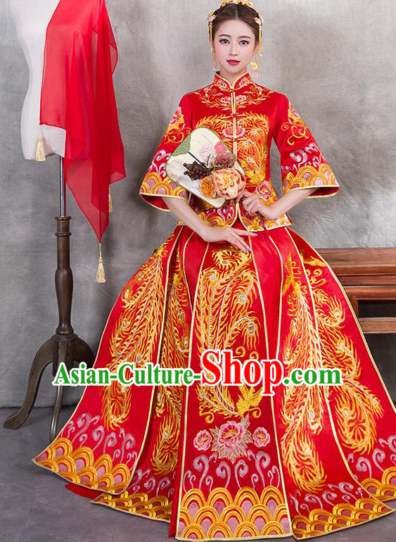 Traditional Chinese Ancient Bottom Drawer Embroidered Phoenix Peony Xiuhe Suit Wedding Dress Toast Red Cheongsam for Women