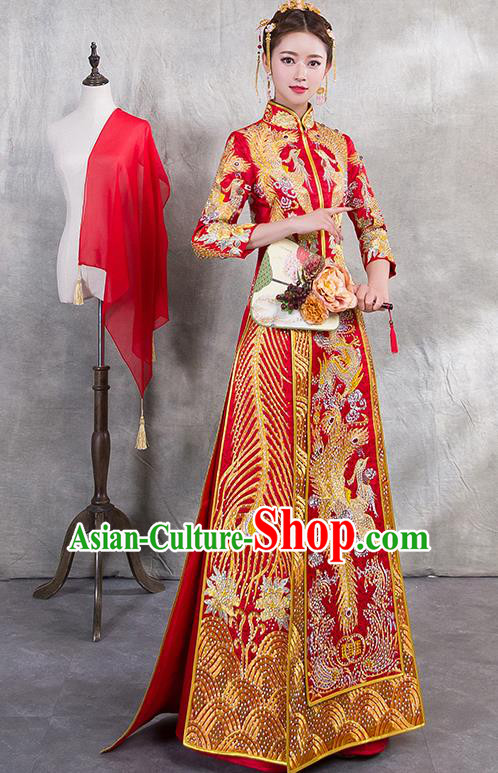 Traditional Chinese Ancient Trailing Diamante Bottom Drawer Embroidered Phoenix Xiuhe Suit Wedding Dress Toast Red Cheongsam for Women