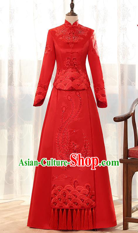 Traditional Chinese Ancient Red Bottom Drawer Embroidered Diamante Phoenix Xiuhe Suit Wedding Dress Toast Cheongsam for Women