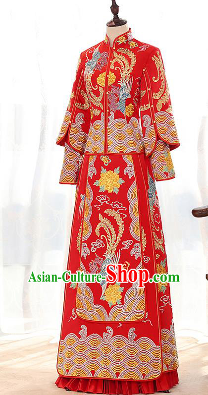 Traditional Chinese Ancient Red Bottom Drawer Embroidered Diamante Xiuhe Suit Wedding Dress Toast Cheongsam for Women