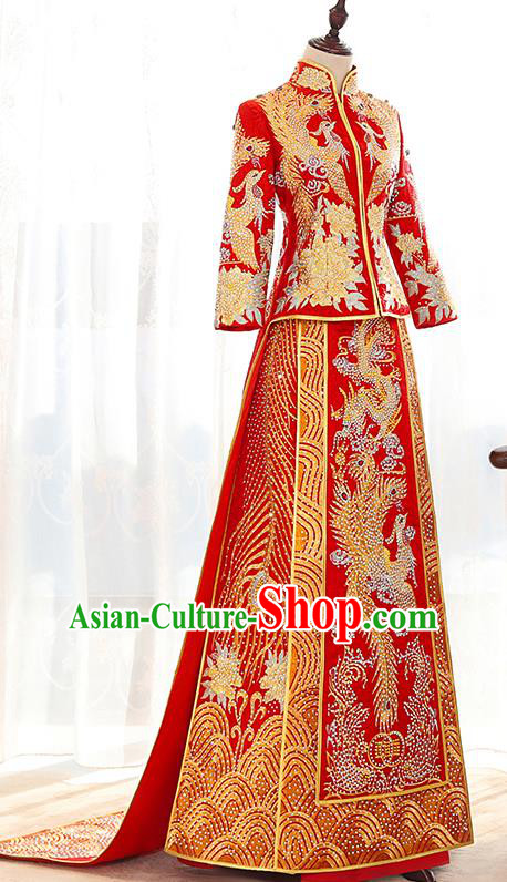 Traditional Chinese Ancient Red Trailing Bottom Drawer Embroidered Diamante Xiuhe Suit Wedding Dress Toast Cheongsam for Women