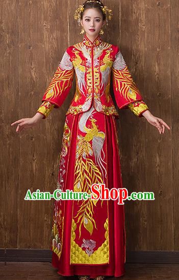 Traditional Chinese Ancient Embroidered Phoenix Bottom Drawer Xiuhe Suit Wedding Dress Toast Cheongsam for Women