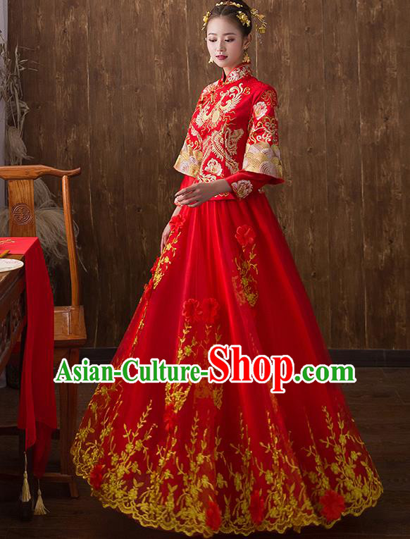 Traditional Chinese Ancient Embroidered Flowers Phoenix Bottom Drawer Xiuhe Suit Wedding Dress Toast Cheongsam for Women