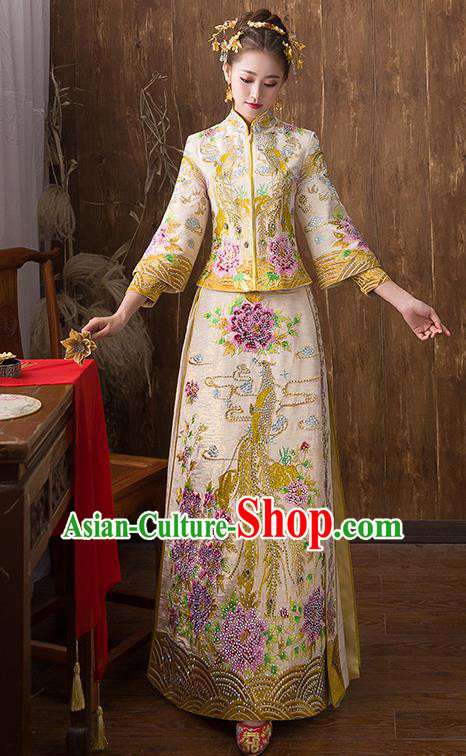 Traditional Chinese Ancient Yellow Diamante Toast Cheongsam Embroidered Peony Bottom Drawer Xiuhe Suit Wedding Dress for Women