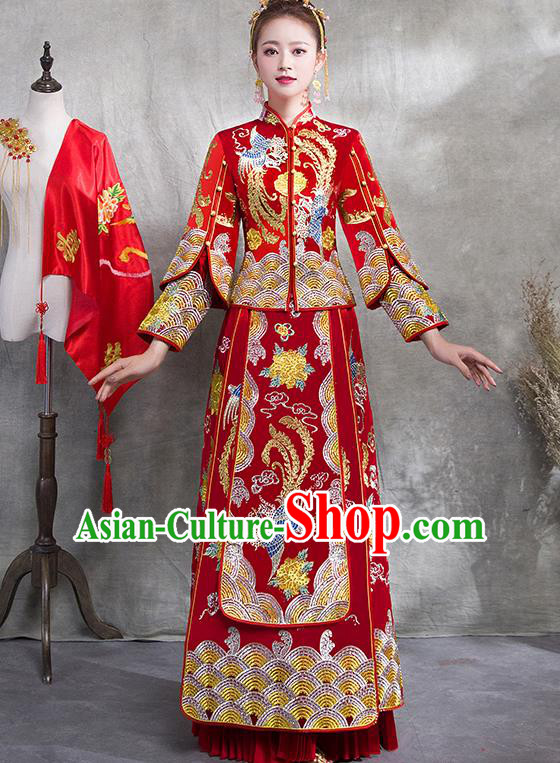 Traditional Chinese Ancient Red Toast Cheongsam Embroidered Phoenix Bottom Drawer Xiuhe Suit Wedding Dress for Women