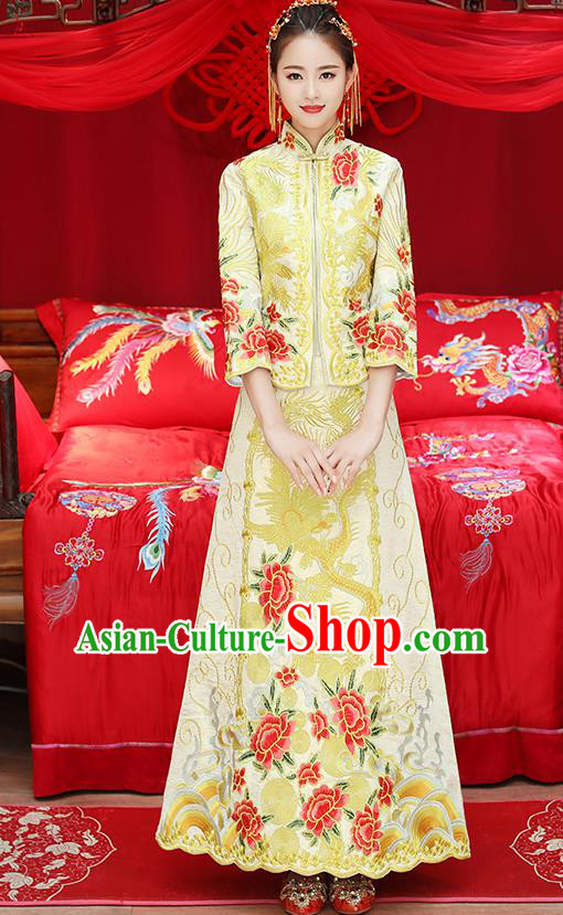 Traditional Chinese Ancient Embroidered Phoenix Peony Yellow Toast Cheongsam Bottom Drawer Xiuhe Suit Wedding Dress for Women