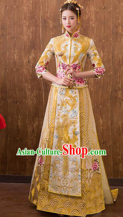 Traditional Chinese Ancient Trailing Yellow Bottom Drawer Embroidered Peony Xiuhe Suit Wedding Dress Toast Cheongsam for Women