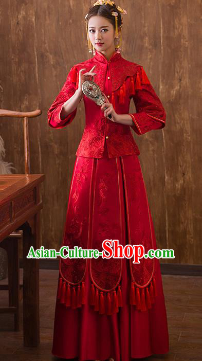 Traditional Chinese Ancient Red Bottom Drawer Embroidered Xiuhe Suit Wedding Dress Toast Cheongsam for Women