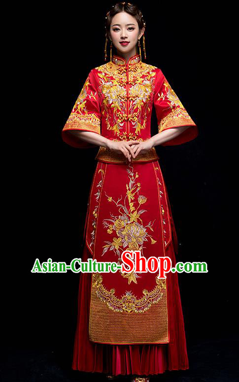 Chinese Traditional Wedding Embroidered Chrysanthemum Dress Ancient Bride Xiuhe Suit Clothing for Women