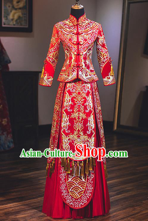 Chinese Traditional Wedding Embroidered Red Bottom Drawer Costume Ancient Bride Xiuhe Suit Clothing for Women