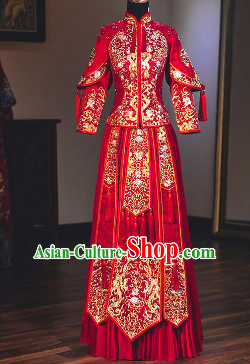 Chinese Traditional Wedding Embroidered Dress Diamante Bottom Drawer Ancient Bride Xiuhe Suit Costume for Women