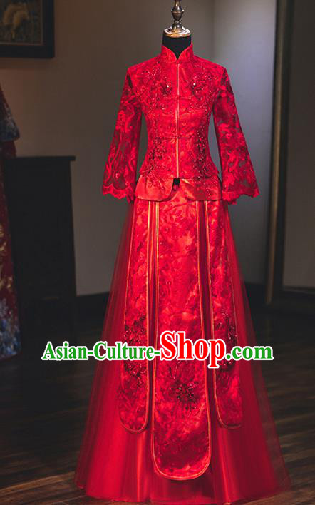 Chinese Traditional Delicate Embroidered Lace Wedding Toast Dress Ancient Bride Longfeng Flown Xiuhe Suit for Women