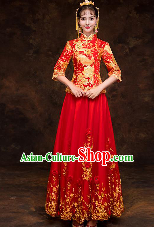 Chinese Traditional Embroidered Cheongsam Wedding Dress Ancient Bride Xiuhe Suit for Women