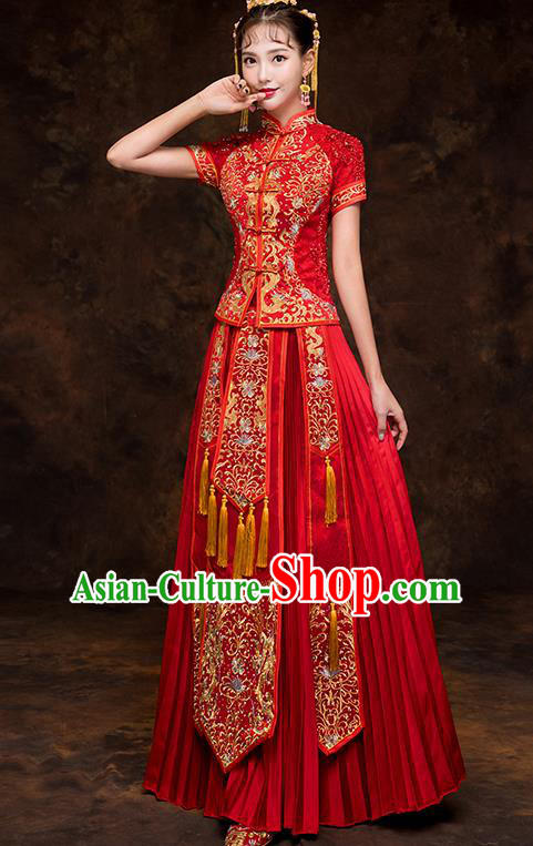 Chinese Traditional Cheongsam Embroidered Wedding Dress Ancient Bride Xiuhe Suit for Women