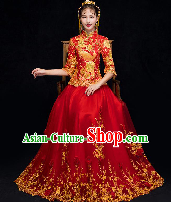 Chinese Traditional Embroidered Xiuhe Suit Wedding Dress Ancient Bride Cheongsam for Women