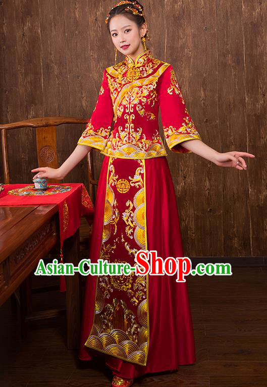 Chinese Traditional Embroidered Red Xiuhe Suit Wedding Dress Ancient Bride Cheongsam for Women