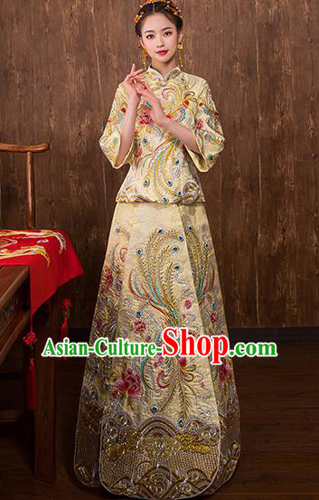 Chinese Traditional Embroidered Phoenix Bridal Golden Xiuhe Suit Wedding Dress Ancient Bride Cheongsam for Women