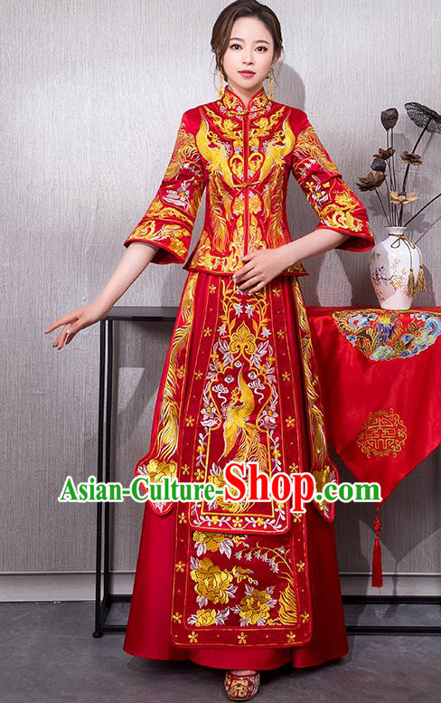 Chinese Traditional Bridal Red Xiuhe Suit Embroidered Phoenix Wedding Dress Ancient Bride Cheongsam for Women