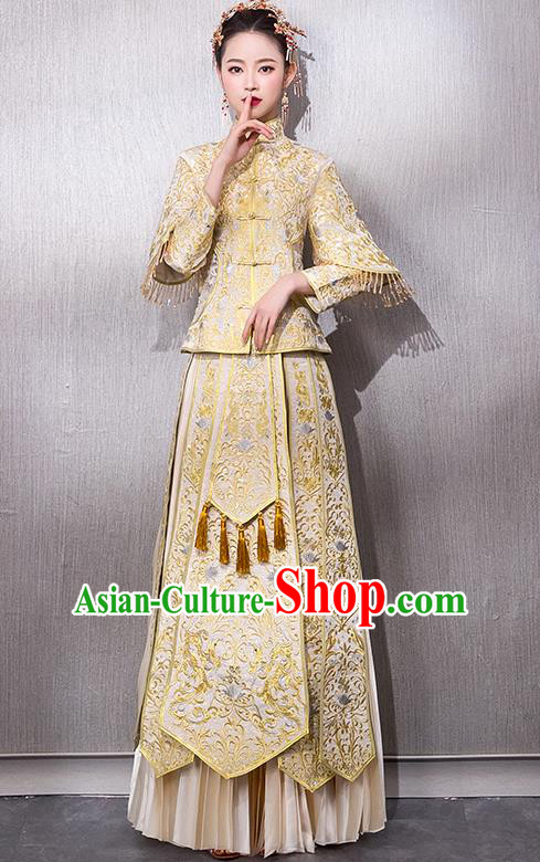 Chinese Traditional Bridal Golden Xiuhe Suit Embroidered Wedding Dress Ancient Bride Cheongsam for Women