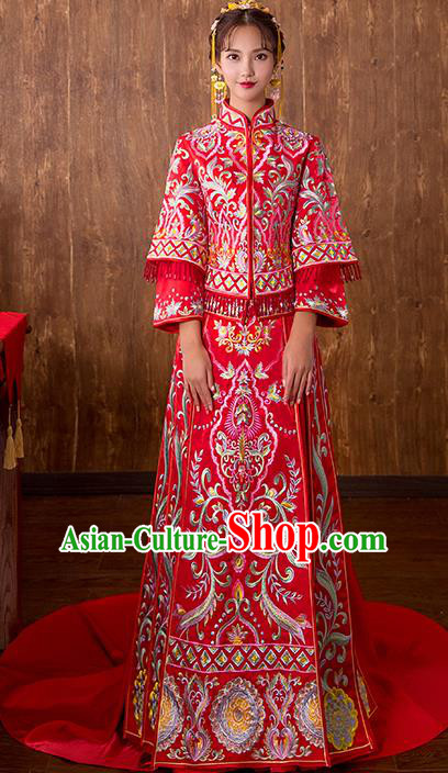 Chinese Traditional Bridal Xiuhe Suit Embroidered Red Trailing Wedding Dress Ancient Bride Cheongsam for Women