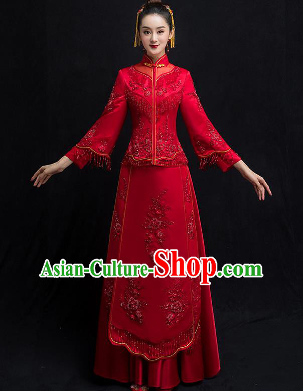 Chinese Traditional Bridal Embroidered Toast Xiuhe Suit Diamante Wedding Dress Ancient Bride Red Cheongsam for Women