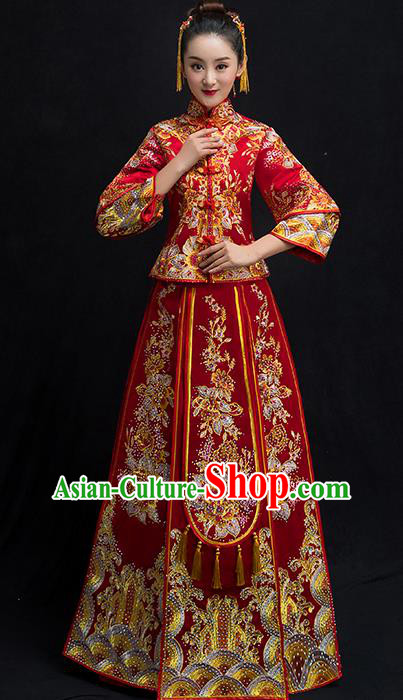 Chinese Traditional Bridal Embroidered Diamante Toast Xiuhe Suit Wedding Dress Ancient Bride Red Cheongsam for Women