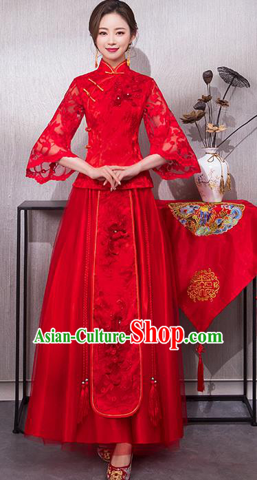 Chinese Traditional Wedding Bridal Embroidered Lace Xiuhe Suit Ancient Bride Red Cheongsam for Women