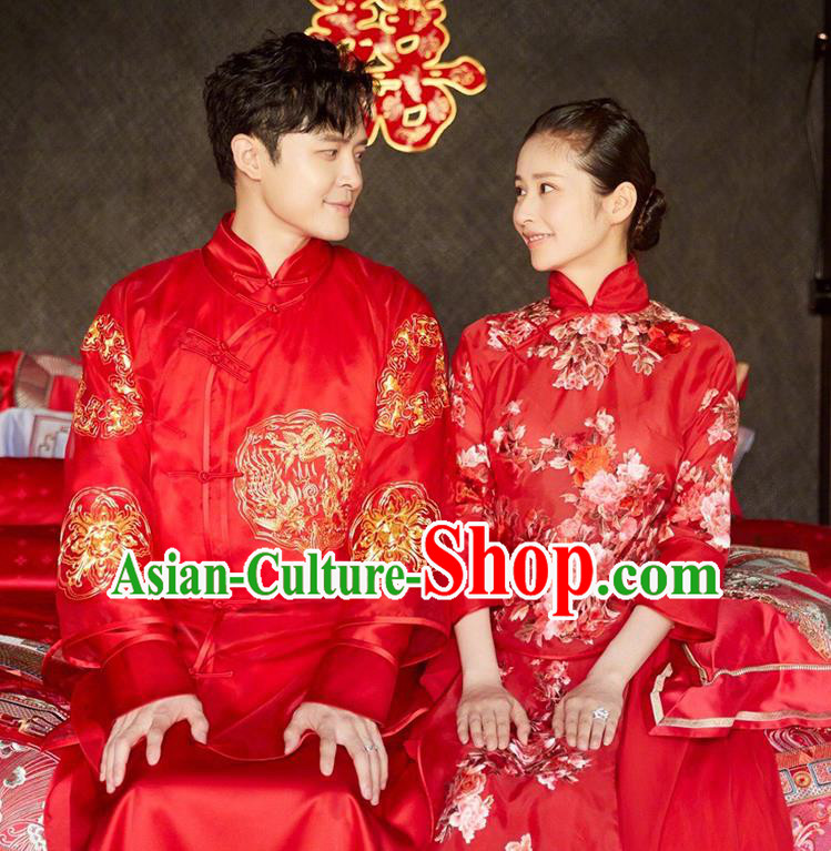 Chinese Traditional Embroidered Wedding Costume Ancient Bride and Bridegroom Xiuhe Suits Complete Set