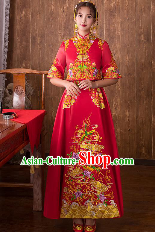 Chinese Traditional Embroidered Bottom Drawer Wedding Costume Bridal Xiuhe Suit Ancient Toast Cheongsam for Women