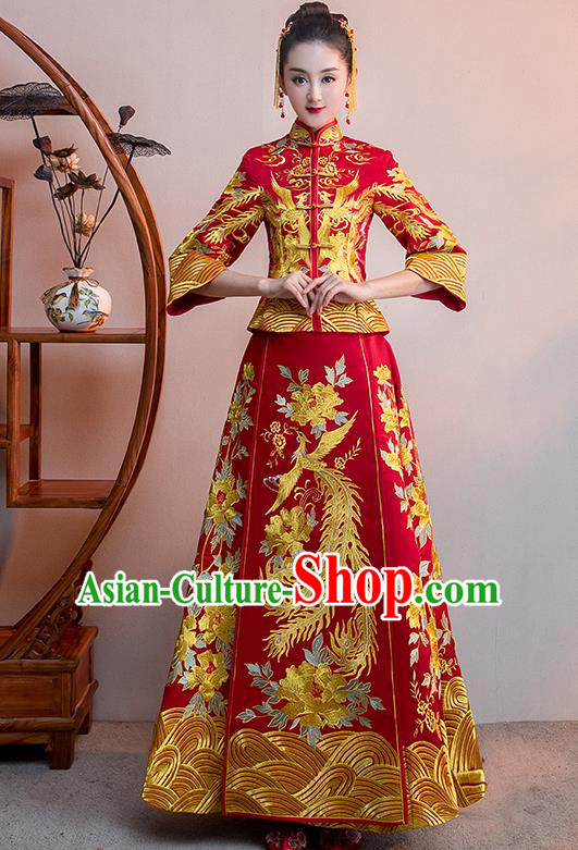 Chinese Traditional Bridal Red Xiuhe Suit Embroidered Phoenix Wedding Dress Ancient Bride Cheongsam for Women