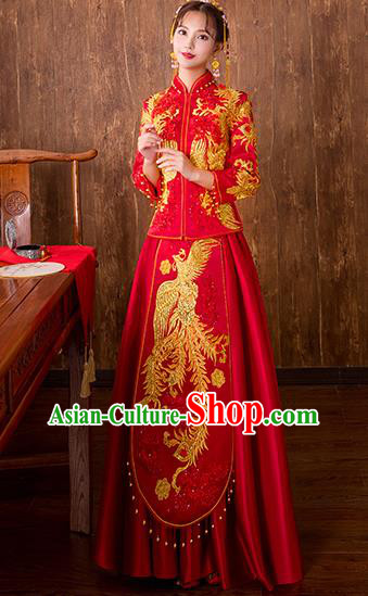 Chinese Traditional Embroidered Phoenix Bottom Drawer Bridal Wedding Xiuhe Suit Ancient Toast Cheongsam for Women