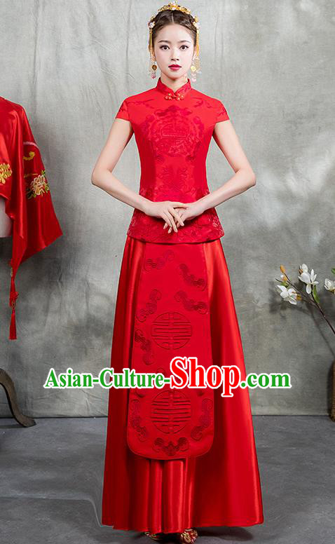 Chinese Traditional Embroidered Bridal Red Xiuhe Suit Ancient Wedding Toast Cheongsam Dress for Women