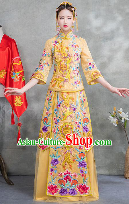 Chinese Traditional Embroidered Phoenix Bridal Yellow Xiuhe Suit Ancient Wedding Toast Cheongsam Dress for Women