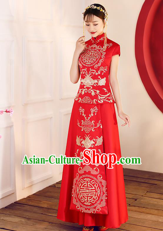 Chinese Traditional Embroidered Red Xiuhe Suit Ancient Wedding Short Sleeve Toast Cheongsam Dress for Women