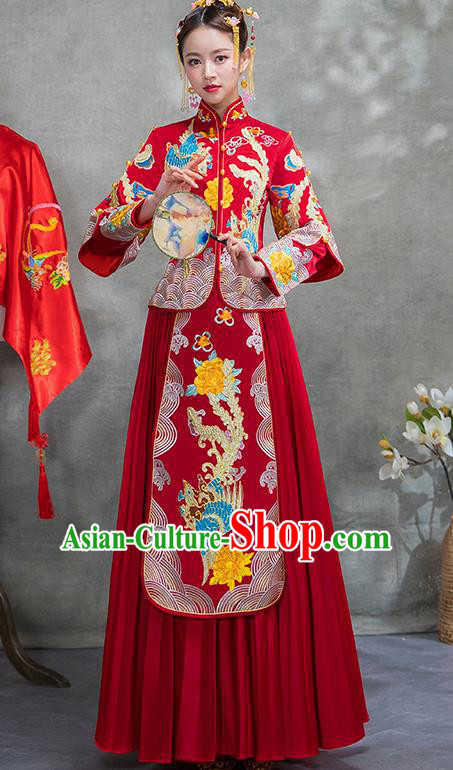 Chinese Traditional Embroidered Peony Phoenix Xiuhe Suit Ancient Wedding Red Toast Cheongsam Dress for Women