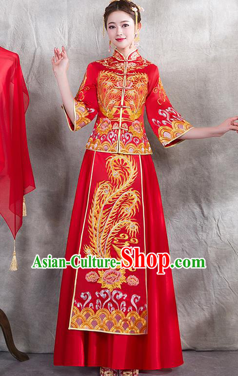 Chinese Traditional Embroidered Golden Phoenix Xiuhe Suit Ancient Wedding Red Toast Cheongsam Dress for Women