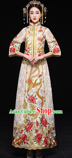 Traditional Chinese White Toast Cheongsam Ancient Embroidered Peony Phoenix Bottom Drawer Xiuhe Suit Wedding Dress for Women