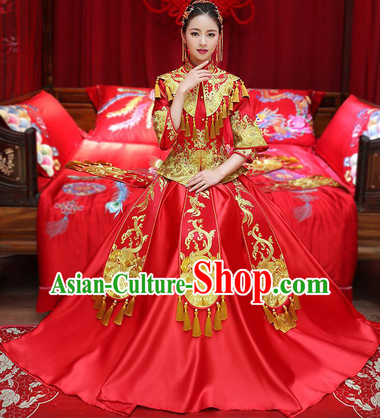 Chinese Traditional Embroidered Phoenix Xiuhe Suit Longfeng Flown Ancient Bottom Drawer Wedding Dress for Women